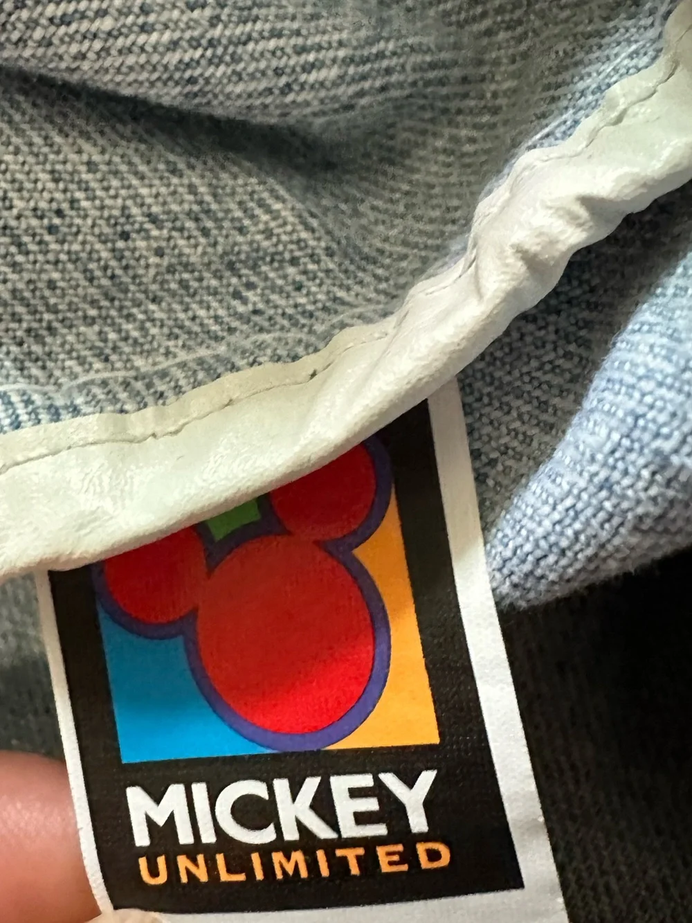 Light Blue Denim-Style Mickey Backpack with Brown Trim